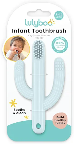 Vista 2 de Lulyboo Cepillo de dientes de entrenamiento para bebé, cepillo de dientes de dentición de silicona, alivio del dolor para dentición, 0-12 meses Azul