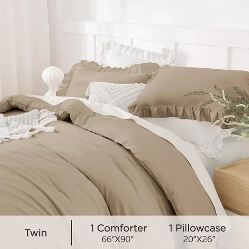 Vista 313 de Andency - Edredón beige con volantes tamaño individual, de 2 piezas, estilo rústico shabby clásico para niños, ligero y suave de microfibra