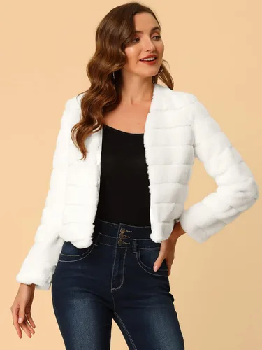 Vista 3 de Allegra K Chaqueta corta cálida de invierno para mujer, abrigo mullido de piel sintética sin cuello