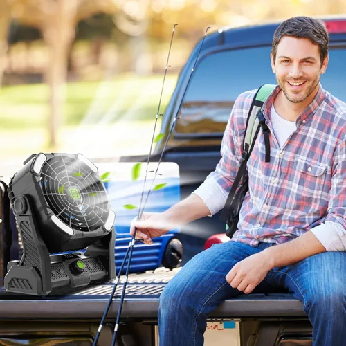 Vista 7 de Ventilador recargable portátil de 20000 mAh, ventilador inalámbrico de 270 ° con linterna LED, ventiladores de campamento USB a pilas para tienda