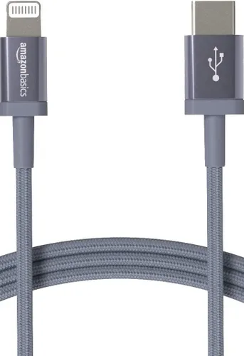 Amazon Basics Cable de carga trenzado de nailon USB-C a Lightning de carga rápida con certificación MFi para iPhone y iPad de Apple, 3 pies, gris
