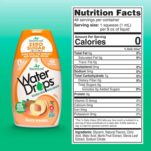 Vista 2 de Sweetleaf Stevia - Gotas de agua natural de melocotón y mango, sabor a agua, gotas de melocotón y mango, cero calorías, cero azúcar, sin OMG, sin