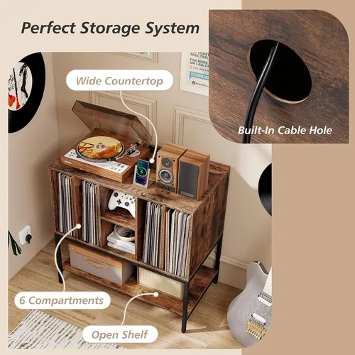 Vista 5 de Giantex Soporte para tocadiscos con estación de carga, soporte para tocadiscos con estantes de almacenamiento con capacidad para más de 150 álbumes