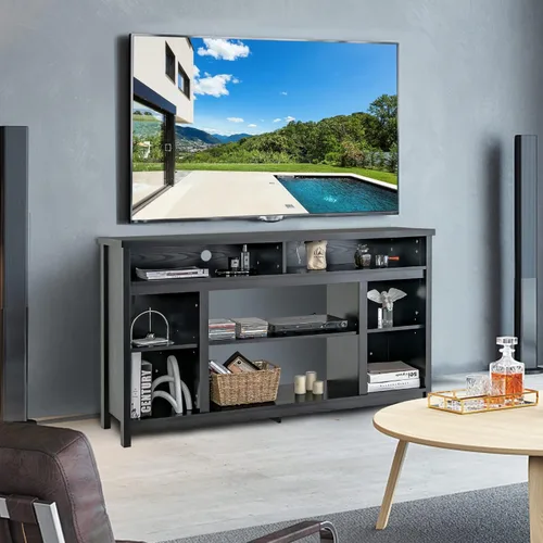 Vista 4 de Tangkula Soporte de TV para televisores de hasta 65 pulgadas, mesa de consola multimedia con estante ajustable y agujeros de gestión de cables