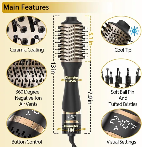 Vista 5 de Nicebay Cepillo secador de pelo en uno, cepillo secador de pelo para mujeres, cepillo de soplado de un paso con pantalla de visualización, barril