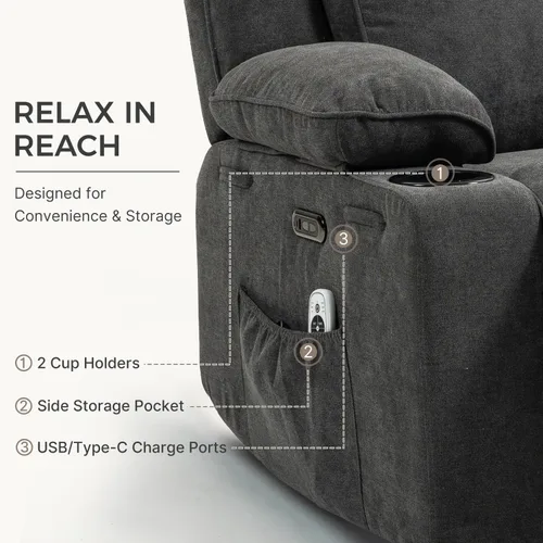 Vista 7 de Power Recliner with Rocking, Swivel & Glider - Nursery Chair with One-Touch Button, Vibrating Massage & Heat, USB Charging Ports, Perfect for