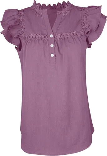 Vista 4 de PRETTODAY Camisas de ganchillo de encaje con cuello en V para mujer, blusa casual de manga corta con botones