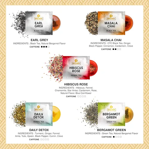 Vista 7 de BREWIX Caja de regalo de muestra de té surtido premium (15 bolsas de té envueltas individualmente en pirámides) Té de hierbas, té negro, té verde