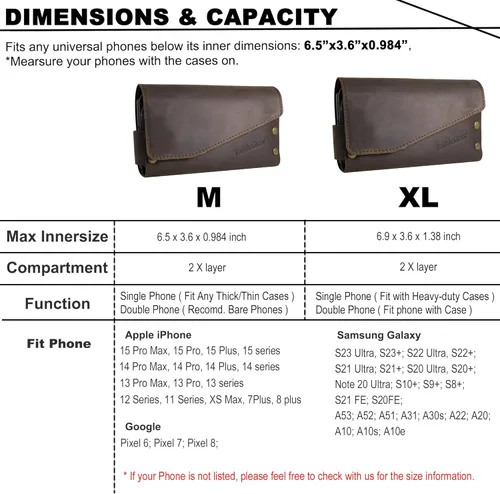 Vista 5 de Funda de cuero doble para teléfono para dos teléfonos, funda de teléfono doble para hombre, cinturón con clip para cinturón para iPhone 16 Pro Max