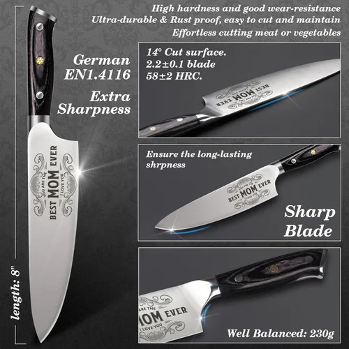 Vista 6 de Regalos para papá, hombres, Navidad, 8 cuchillos de chef profesionales, acero inoxidable alemán de alto carbono EN 1.4116, regalo de cumpleaños