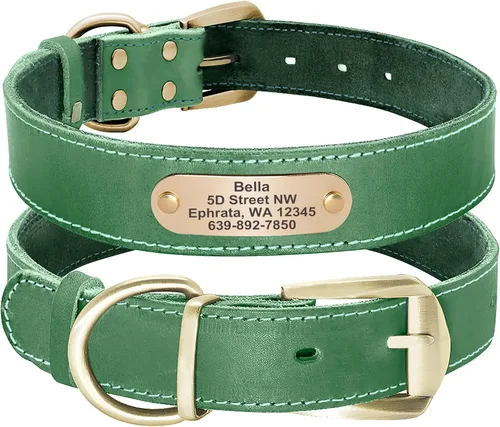 Vista 16 de Didog Collares de perro de cuero genuino con placa de identificación grabada, collar de perro de cuero suave personalizado con etiqueta de Verde