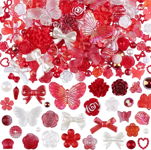 Vista 10 de 350 piezas de resina 3D ABS coloridos lazos de flores de rosas con parte trasera plana, cuentas de perlas semicirculares para pulseras, aretes