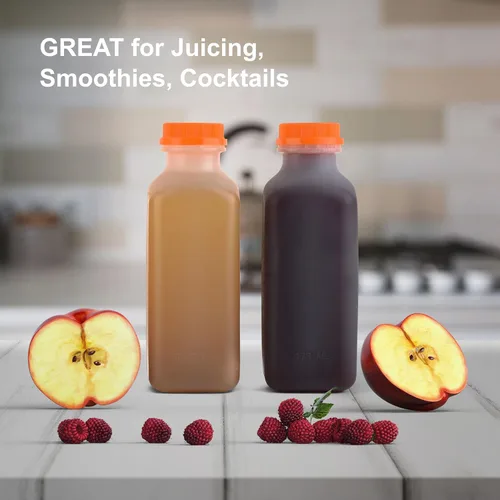 Vista 4 de EcoQuality [Paquete de 50] Botellas vacías de plástico para jugo con tapas a prueba de manipulaciones de 16 onzas, botellas de batidos, ideales