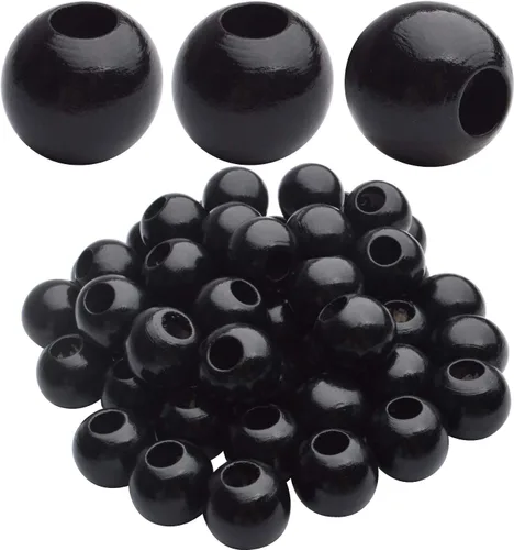 Vista 8 de Cuentas de madera negras, 100 cuentas de madera redondas de 0.787 pulgadas (0.787 in), cuentas espaciadoras sueltas con agujero grande de 0.396