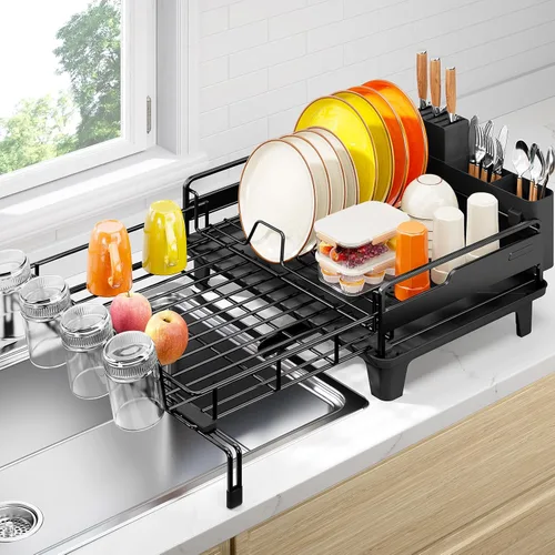 Urackify - Escurridor de platos extendible, estante de secado de platos grande para encimera de cocina, escurridor de platos a prueba de óxido con