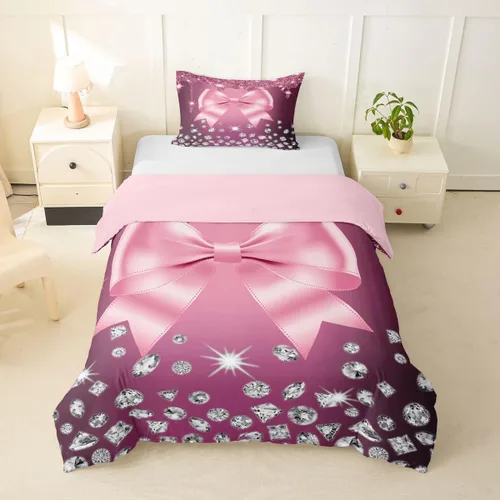 Vista 129 de Feelyou Coquette Bow Bedding Set Twin Size Leopared Bows Comforter Cover for Kids Teens Adults Glitter Diamond Blue Duvet Cover Cute Bowknot Room