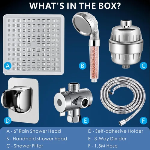 Vista 6 de Voolan Juego de cabezal de ducha filtrado, ducha de lluvia de alta presión con cabezal de ducha de mano, soporte autoadhesivo/manguera de 59