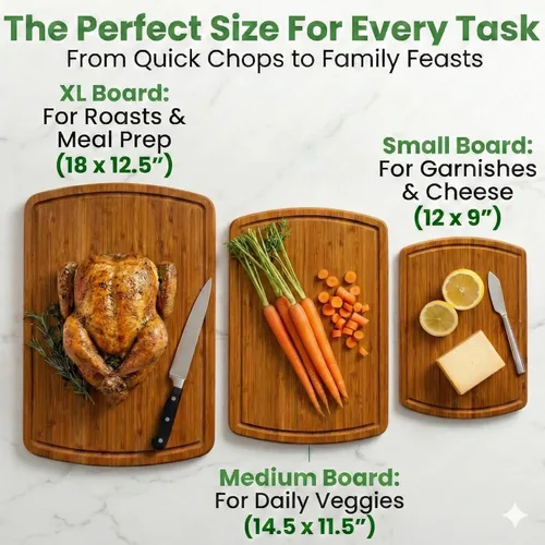 Vista 3 de Greener Chef Juego de tablas de cortar de bambú de lujo de 3 piezas con tecnología de resistencia de grano vertical carbonizada, tablas de cortar