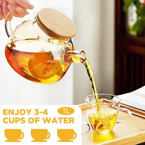Vista 7 de Teteras de Té de Vidrio, Seguras para la Estufa, 1 l/33.8 oz, Tetera de Vidrio Borosilicato Resistente al Calor con Tapa de Bambú y Grifo Filtro