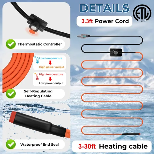 Vista 3 de Cinta térmica de 12 pies para tuberías de agua, protección contra congelación, IP65, impermeable, 7 W/pies, 110 V, cable de calor para tubería