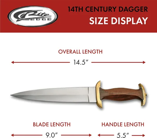 Vista 3 de SZCO Cuchillo de caza Full Tang de 15 pulgadas, cuchillo de daga del siglo XIV con mango de madera marrón, hoja de acero inoxidable y funda