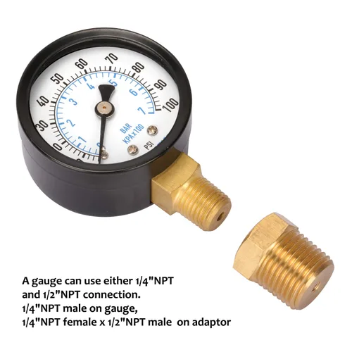 Vista 4 de MEASUREMAN Medidor de presión de pozo de 2 pulgadas, 0-100 psi/bar, macho NPT de 1/4 pulgadas con adaptador NPT de 1/2 pulgadas, precisión de 3-2-3%