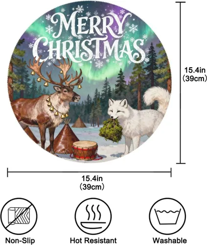 Vista 4 de Merry Christmas Fox Deer Plastic Round placemats Kids placemats for Dining Table Set of 4 15x15 in manteles para mesa