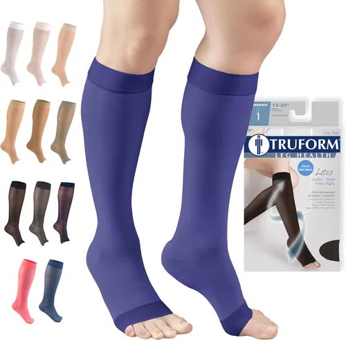 Vista 11 de Truform Medias de compresión transparentes, 15-20 mmHg, longitud hasta la rodilla para mujer, punta abierta, 20 denier, beige, talla S