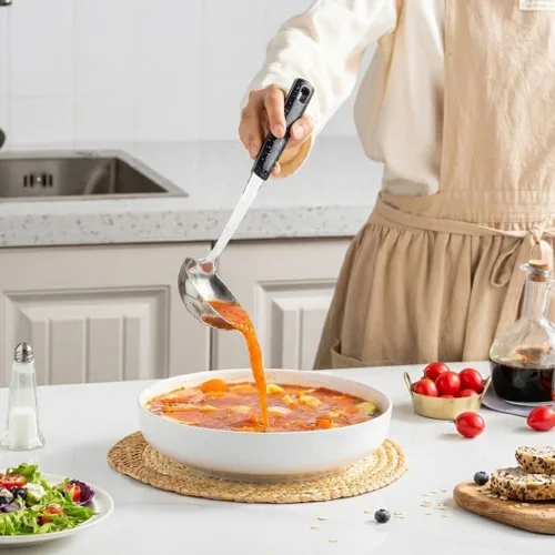Vista 6 de Juego de 5 cucharas de servir de acero inoxidable, cucharas grandes para servir con cucharón y cuchara ranurada, cucharas de metal para cocinar