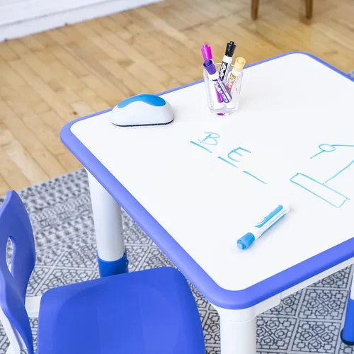Vista 8 de ECR4Kids Mesa de actividades cuadrada de borrado en seco con 2 sillas, ajustable, muebles para niños, azul, 3 piezas