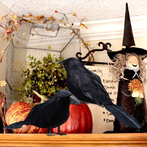 Vista 5 de Sizonjoy 6 Pack Halloween Black Feathered Crows, Halloween Decorations Realistic Bird Halloween Ravens Decor Props