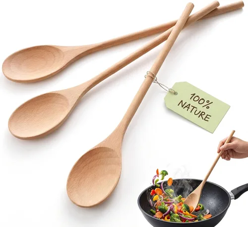 Vista 9 de HANSGO - 3 cucharas de madera de haya europea de 10 pulgadas para cocinar, cucharas de mezcla de madera resistentes al calor, sin arañazos