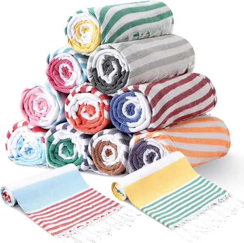 Vista 10 de Oudain 10 toallas turcas de playa de algodón a granel de secado rápido, 71 x 40 pulgadas, ligeras, sin arena, con borlas a rayas, para ducha