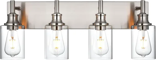 Vista 8 de 4 luces de tocador de baño, níquel cepillado, accesorios de iluminación de baño sobre espejo con vidrio transparente, aplique de pared industrial