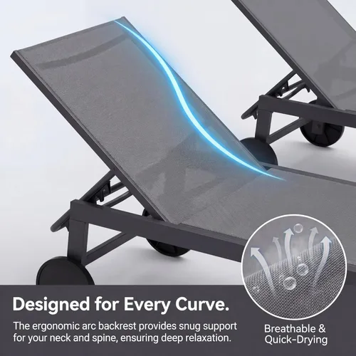 Vista 4 de SUNLEI Juego de 2 tumbonas para patio al aire libre, sillas de piscina ajustables con ruedas, sillas de bronceado reclinables de aluminio para Gris