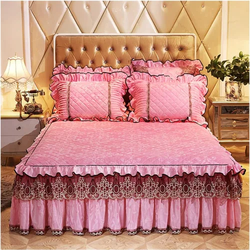 Vista 21 de Juego de colcha acolchada de terciopelo de lujo de 3 piezas con volantes, tamaño King, con 2 fundas de almohada de 18 pulgadas, caída de polvo