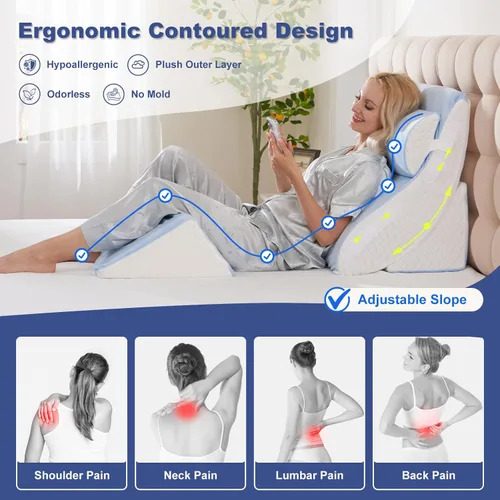 Vista 3 de WSOFRLAC 4 piezas de almohada en forma de cuña para cama para dormir y sentarse, juego de almohadas ortopédicas de espuma viscoelástica para dolor