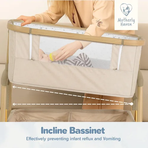Vista 4 de Motherly Haven Moisés para bebé, cuna portátil para recién nacidos, bloqueo automático ajustable de 7 alturas, con ruedas, colchón suave y malla