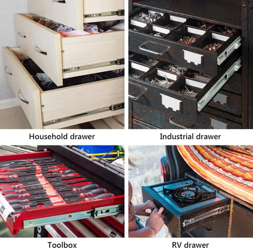 Vista 7 de Diapositivas de cajón de 10 pulgadas, deslizadores de cajón Plusmart con rodamiento de bolas, extensión completa, para gabinete, 3 pliegues, 150LB
