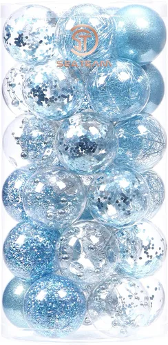 Vista 16 de Sea Team Paquete de 48 bolas de Navidad de plástico transparente inastillables, varios tamaños, adornos decorativos de Navidad con relleno delicado