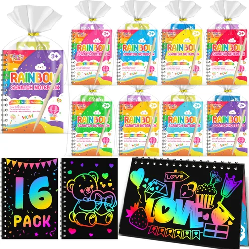 Recuerdos de papel para rascar para fiestas para niños: paquete de 16 cuadernos de rayas arcoíris, bolsas de regalo, libros para colorear, recuerdos