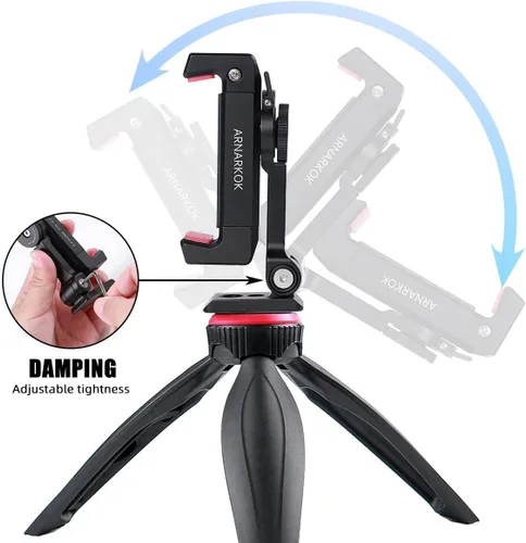 Vista 7 de Soporte de trípode de metal para teléfono con zapata fría giratoria para soporte de micrófono, compatible con iPhone y Android, adaptador de trípode