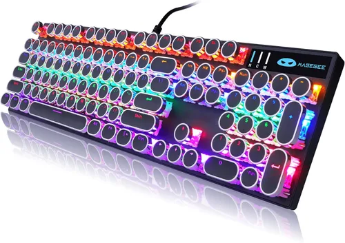 Vista 17 de Combo de teclado y mouse estilo máquina de escribir rosa retro, bonito teclado mecánico con cable iluminado con interruptores rojos lineales