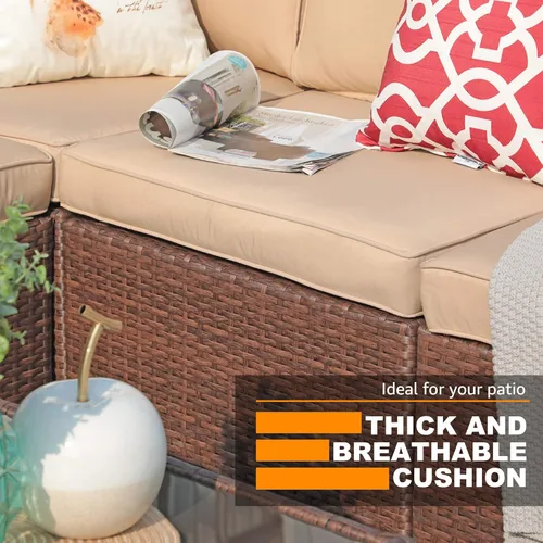 Vista 6 de Patiorama Sofá biplaza de mimbre para exteriores, 2 piezas, juego de sofá modular de ratán de polietileno marrón para todo tipo de clima, sillas