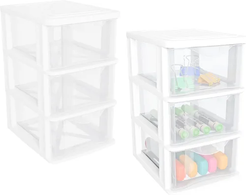 Gonice Organizador de escritorio pequeño de 3 cajones, 2 unidades de almacenamiento de plástico blanco, organización de escritorio para herramientas