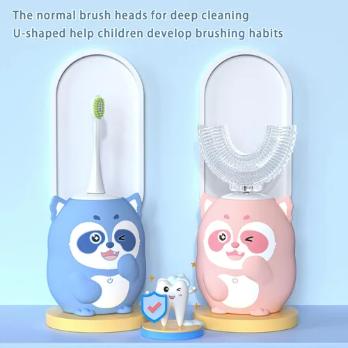 Vista 2 de Cepillo de dientes eléctrico en forma de U para niños, cepillo de dientes automático sónico de dibujos animados con 4 cabezales de cepillo, boca