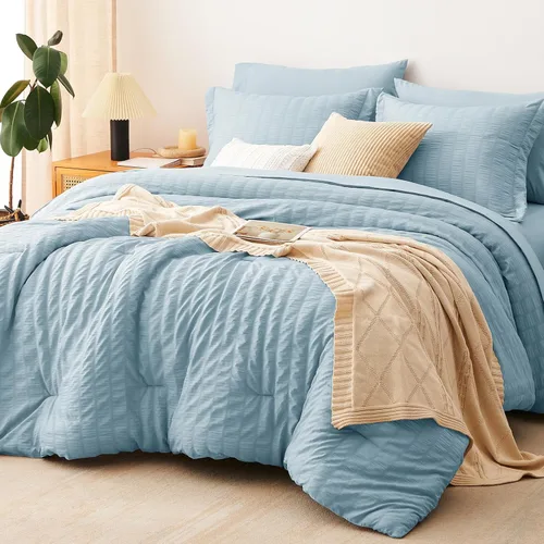 Vista 23 de CozyLux - Juego de edredón doble con sábanas de 5 piezas, color blanco con textura de sirsaca en una bolsa para niñas, juego de ropa de cama de lujo
