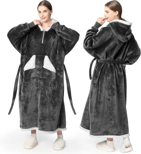 Vista 14 de Touchat - Manta con capucha para usar, sudadera estilo cobija de sherpa de gran tamaño para mujeres con capucha y bolsillo, manta con capucha súper
