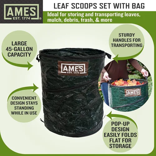 Vista 5 de AMES Juego de rastrillo de mano de palas de hojas con bolsa de basura plegable para jardín para recoger hojas, mantillo y escombros