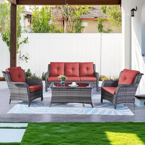 Vista 69 de Belord Mesa auxiliar pequeña para exteriores, mesa de mimbre de vidrio templado, mesa de centro impermeable para patio, mesa auxiliar de ratán